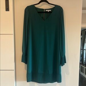 Naked Zebra Teal V-Neck Long Sleeve Pleated Hem Dress